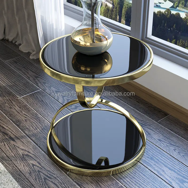 طاولة قهوة صغيرة مستديرة بطابقين، طاولة جانبية فاخرة من الزجاج المقسى باللون الأسود لغرفة المعيشة معدنية ذهبية اللون