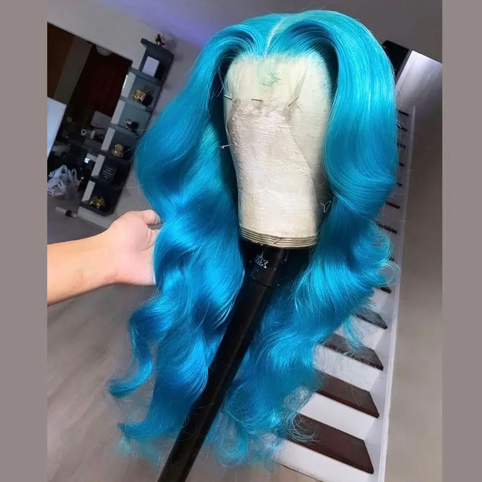 Vente en gros perruque synthétique avant en dentelle 13X4 Ombre bleu perruque ondulée de couleur mélangée Futura perruques de cheveux synthétiques pour les femmes à porter quotidiennement fête