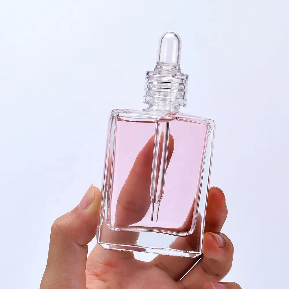 Botellas planas y cuadradas de lujo, gotero de vidrio con collar transparente de cristal para aceite esencial de suero, 15ml, 30ml, 50ml, 100ml