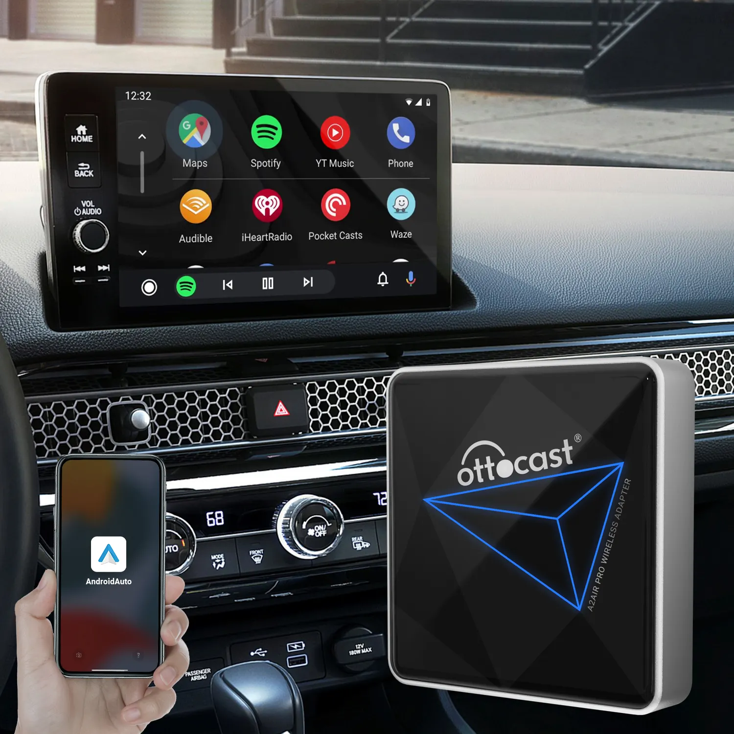 Ottocast A2AIR PRO adaptor mobil Android, nirkabel instan pintar kotak otomatis Android nirkabel untuk mobil dengan kabel permainan mobil