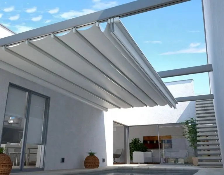 Kanopi Pergola PVC Kerai Atap Dapat Ditarik Kolam Renang Tahan Air Luar Ruangan