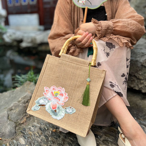 厂家供应定制印花手袋刺绣手袋可折叠皮革手柄绣花黄麻棉帆布手提袋 - Product Image 6