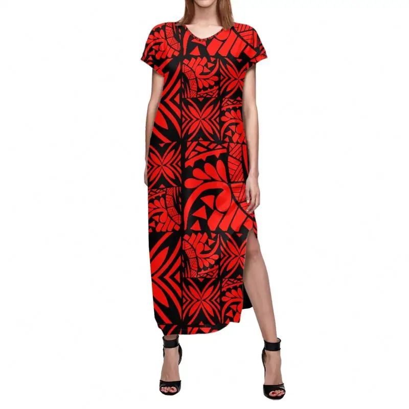 Diseñador de Polinesia Estilo Hawaiano rojo vestidos de mujeres Casual suelto de manga corta de cuello en V División largo vestidos de verano, Vestido de playa,