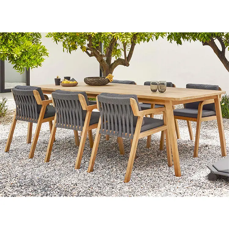 Juego de muebles modernos para patio, muebles de exterior de teca para jardín, juego de comedor, mesa y silla de exterior con cuerda tejida para restaurante