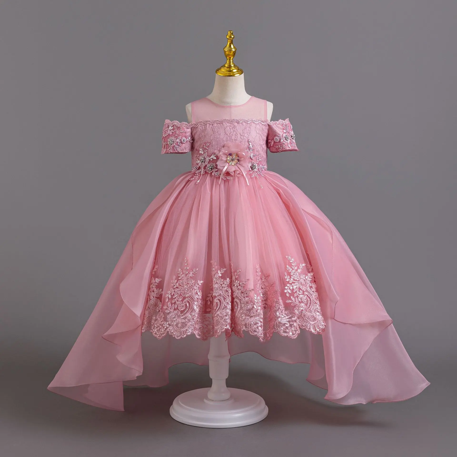 2024 avrupa ve amerikan yeni çocuk cüppe şeklinde gelinlik dantel kuyruk prenses elbise kızların piyano performansı kız elbise