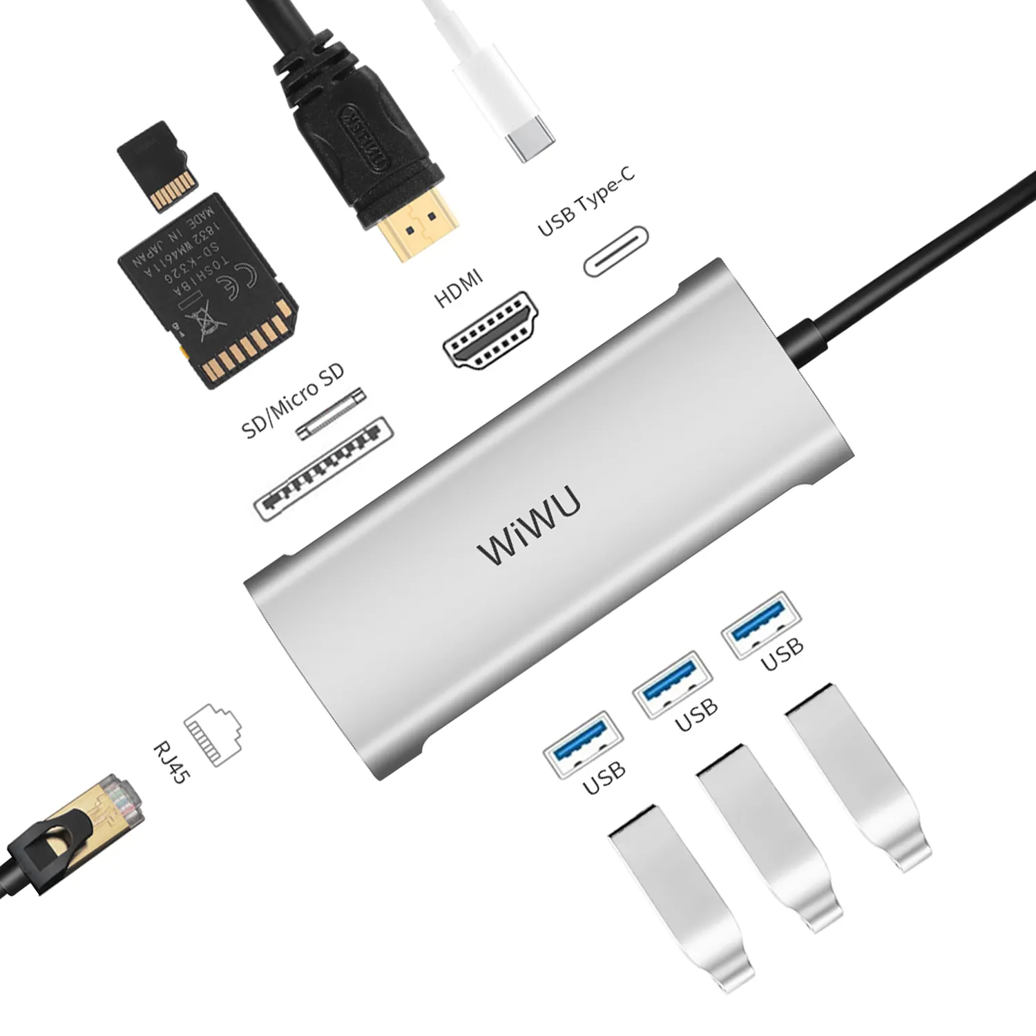 Адаптер WiWU для ноутбука с 8 портами, многофункциональный хаб типа C для Macbook с USB 3,0, кардридером TF/SD, быстрой зарядкой 4K HD USB C