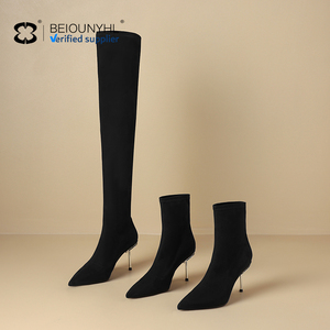 Phụ nữ hiện đại của đầu gối cao vớ khởi động Over-the-Đầu Gối cao gót mũi nhọn Giày co giãn dài vải thời trang phụ nữ khởi động - Product Image 2