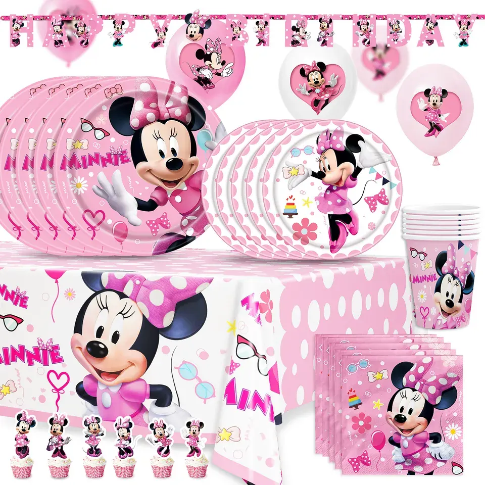 Forniture per decorazioni per feste di compleanno di Minnie Mouse serve 8 ospiti con set di piatti per la cena usa e getta per la copertura del tavolo Banner