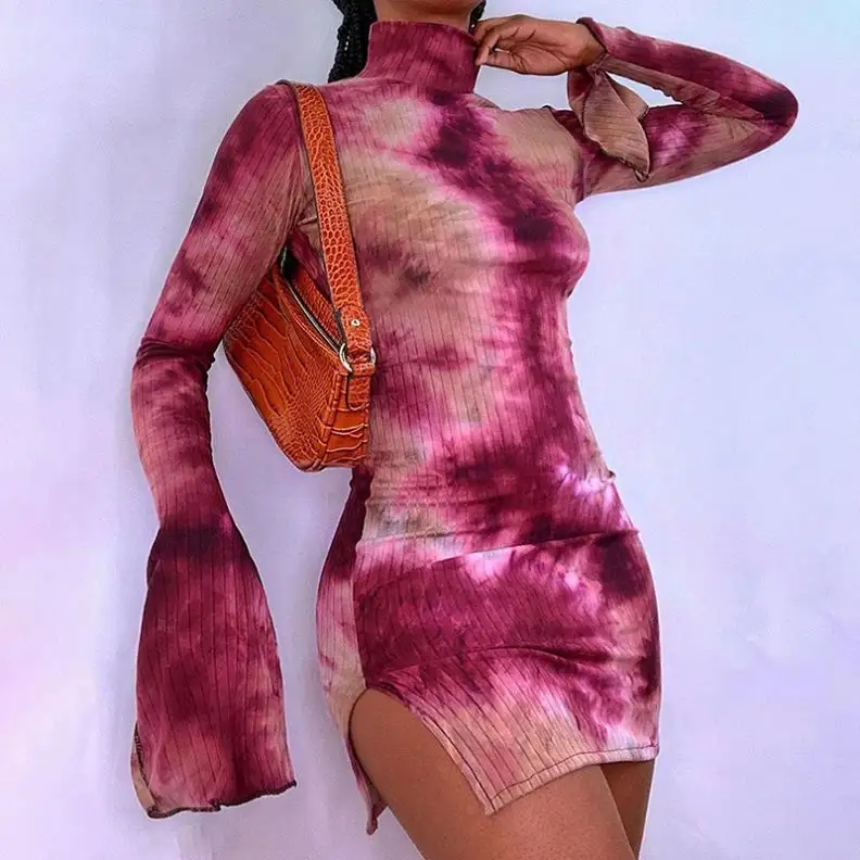 Abiti aderenti con collo finto Tie Dye per donna abito da sera a maniche lunghe a costine con spacco laterale abito da sera Mini abito caldo