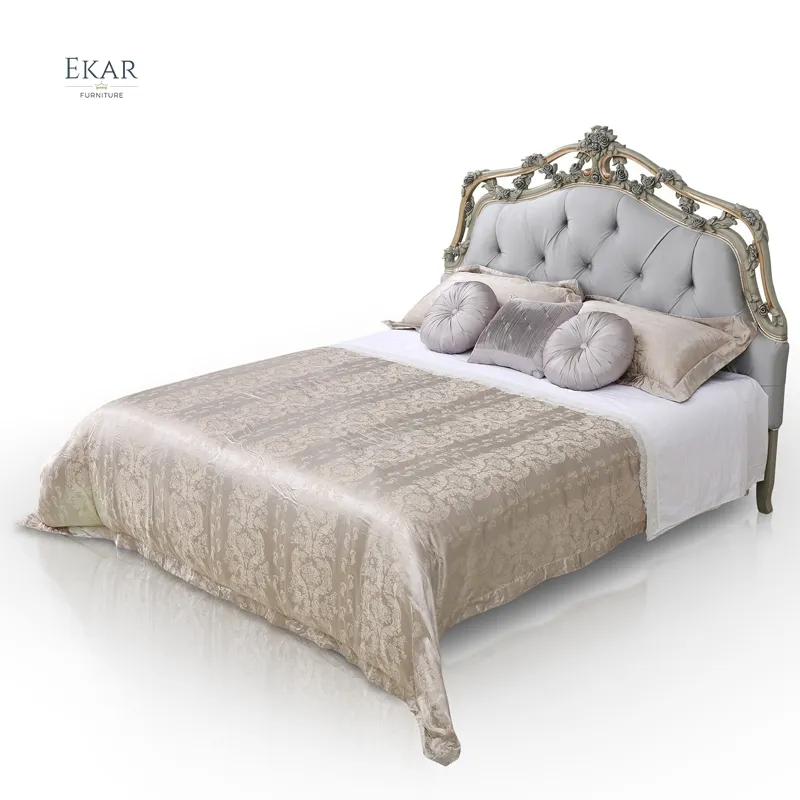 Meubles de chambre coucher classiques français, lit de luxe grande taille King, Roses en bois massif sculpté à la main, sculpté à la main