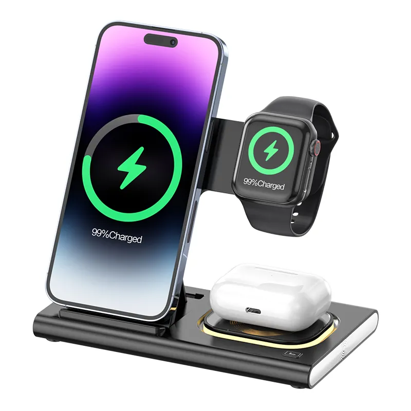 3-in-1 15W pengisi daya nirkabel cepat untuk iPhone iWatch earphone portabel RGB dudukan magnetik kompatibel dengan Samsung