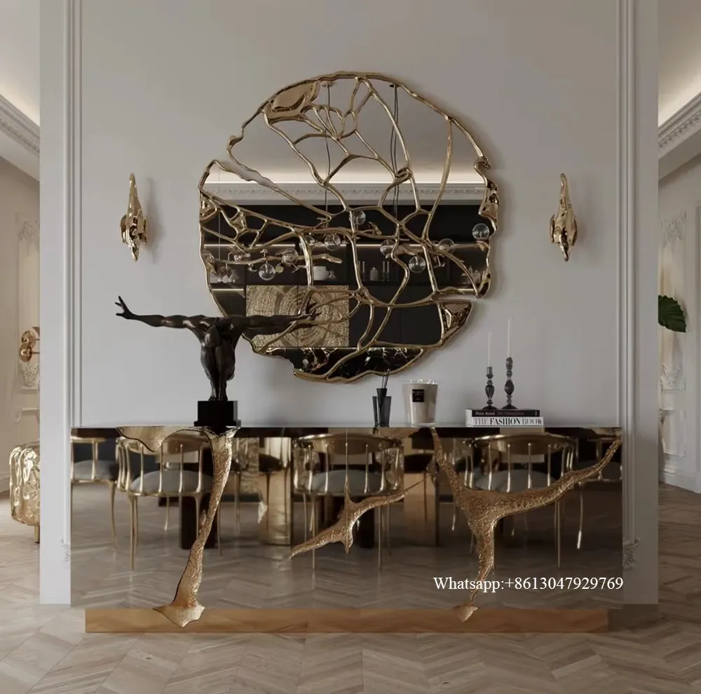 Mesas de diseño para buffet, mueble con acabado de espejo de acero inoxidable, dorado o plateado, de lujo, moderna, color blanco, ancho, tapetes laterales de lapislázuli