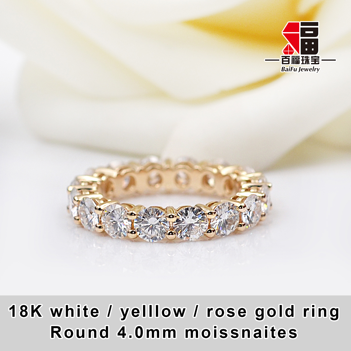 Bague en or 14 carats, moissanites rondes de 4,0 mm