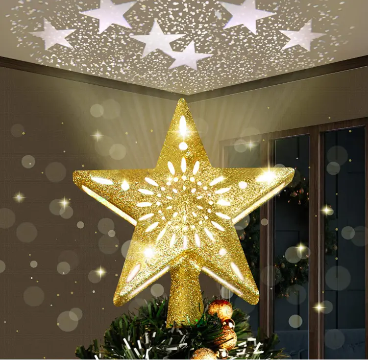 Cây Thông Giáng Sinh Topper Thắp Sáng Ngôi Sao Cây Topper Với LED Rotating Sao Chiếu Ánh Sáng 3D Hollow Golden Star Tree Topper Đối Với Xmas