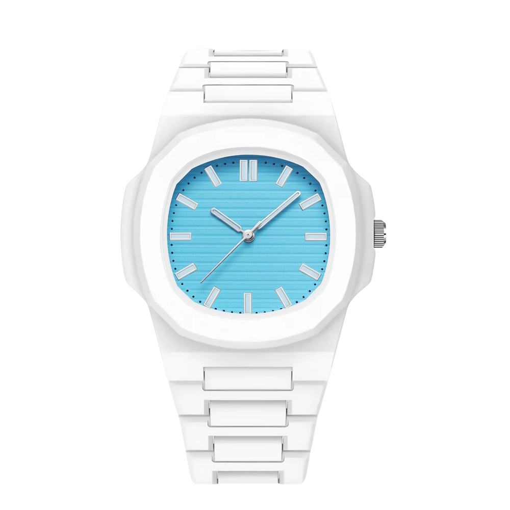 Cinturino bianco, quadrante azzurro