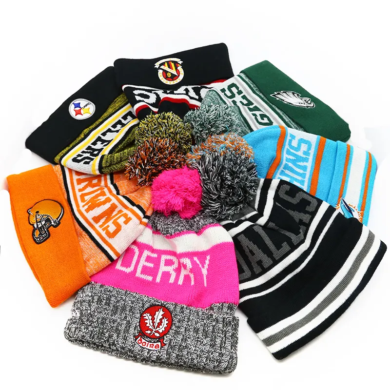High Quality 100% Acrylic USA city name top ball beanie hat/jacquard knit hat/hip hop beanie