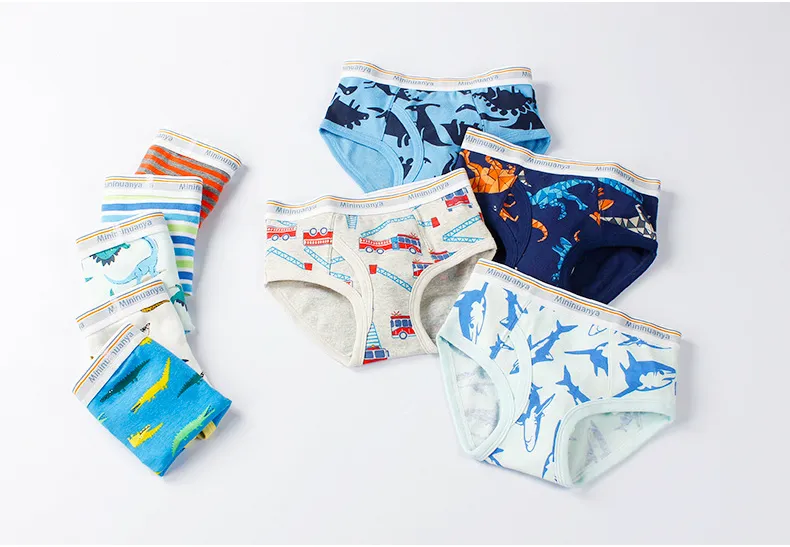 Wholesale 3 Pcs School-age Boys' Threaded Cotton Dinosaurs Shark Crocodile Pattern Underwear Children's Brief Shorts Bottoms