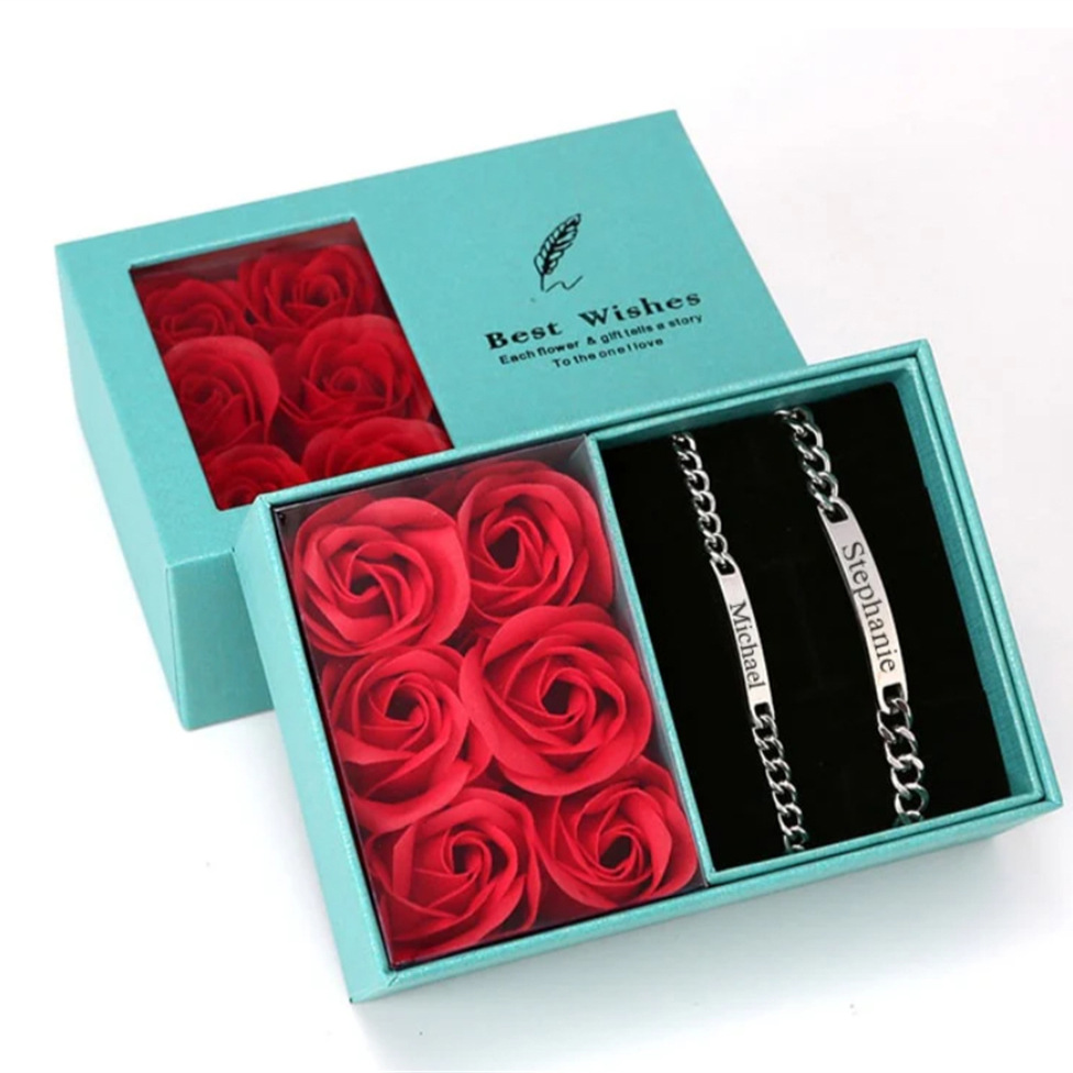 One pair of bracelets (steel color) + blue gift box