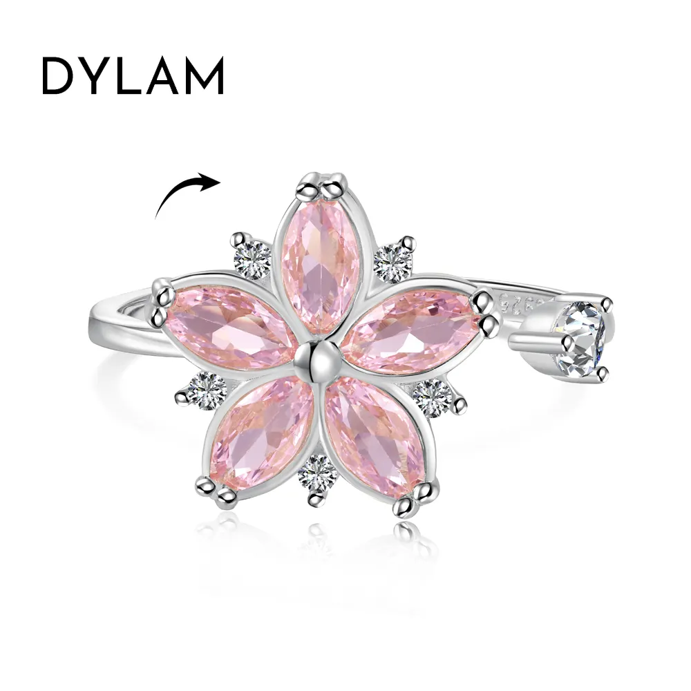 Exclusive Design 925 Sterling Silver Rhodium 18K Gold Plated Women Rotatable Spinning Sakura 5A Zirconia Anxiety Rings