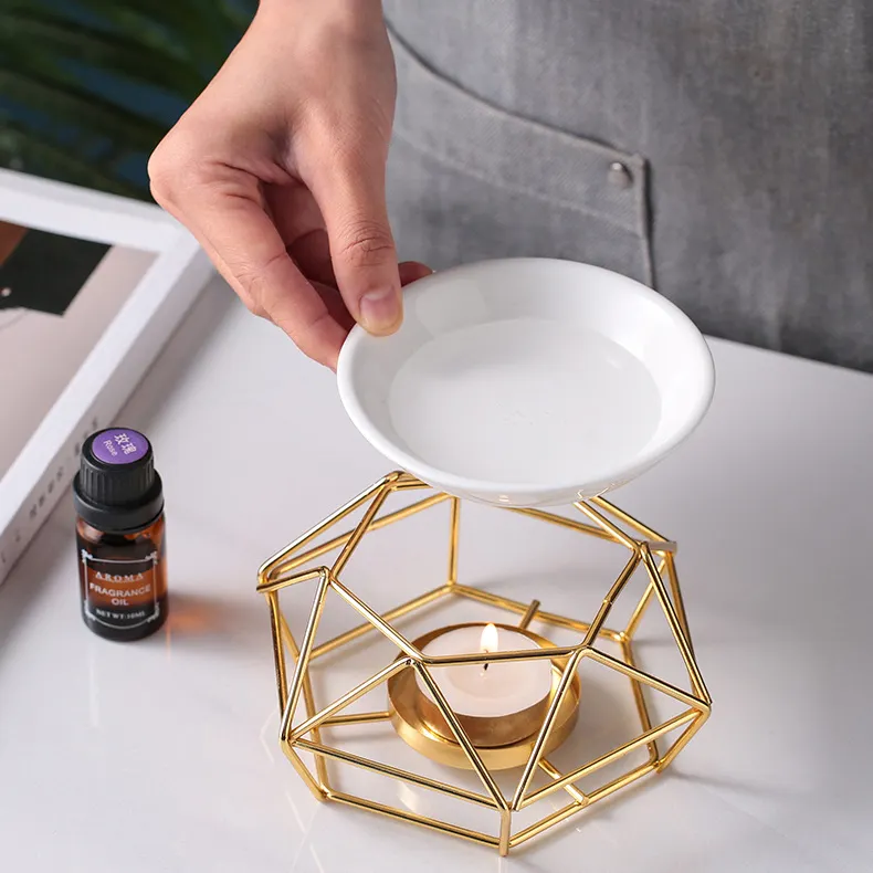 Quemador de aceite de candelita ligero de té de incienso aromático con fragancia esencial de cerámica personalizada con soporte chapado en oro