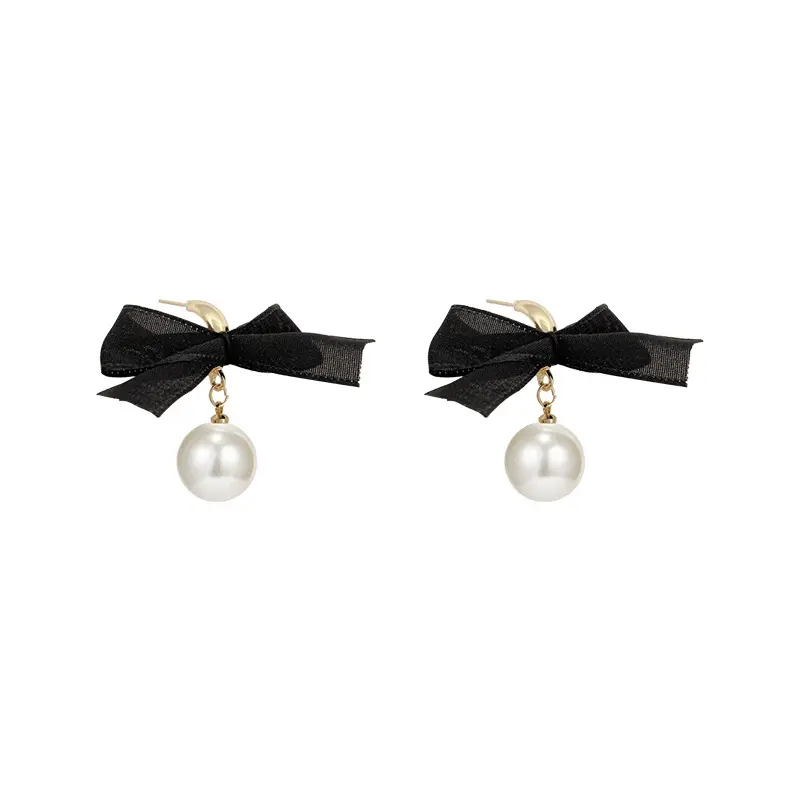 Pendientes de lazo con perlas para mujer, joyería Coreana de lujo, con lazo negro de alta gama