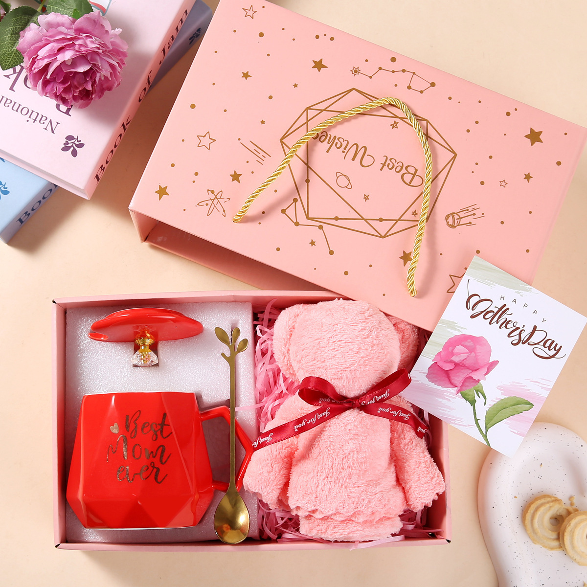 Couvercle de tasse, cuillère, serviette, ours, boîte cadeau - grand rouge pour maman