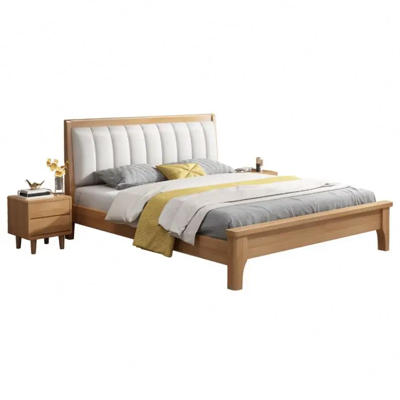 Nordic modern minimalist solid wood bed king size light luxury queen size soft bed bedroom set wooden bed