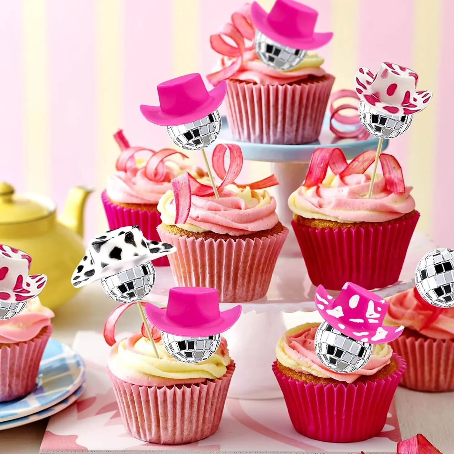 Funny Disco Cowgirl Cake Decoration 24 piezas Disco Ball Cup Toppers 24 piezas Mini Pink Cowgirl Hats
