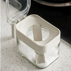 300ml One-Touch Flip <strong>Top</strong> Glass <strong>Spice</strong> <strong>Jar</strong> Built-In Spoon &amp; Diagonal Slot Storage Transparent Snap Lid - Product Image 2