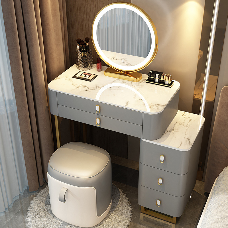 Table de rangement intelligente avec miroir, tabouret, or gris 07m