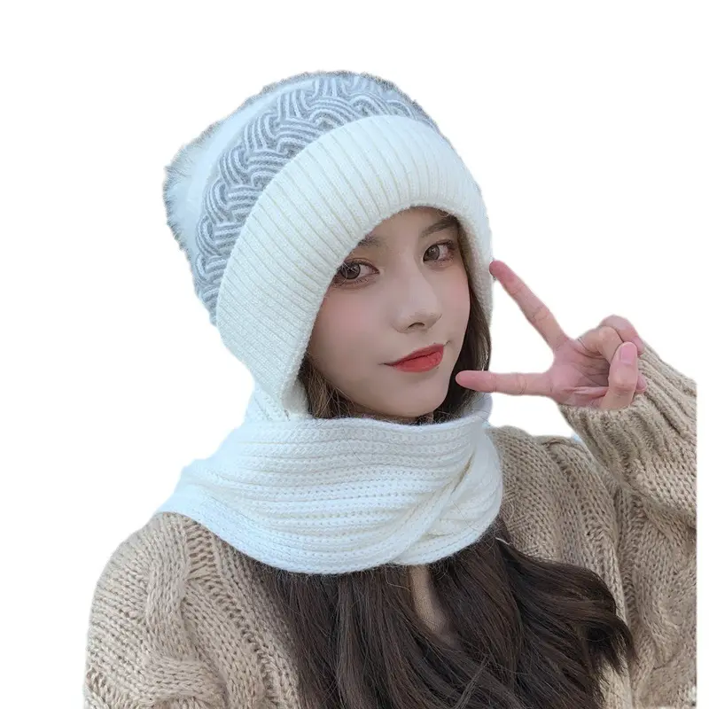 Tai Bảo Vệ Windproof Cap Khăn Set Beanie Mùa Đông Hat Khăn Tất Cả Trong Một Beanie Mũ Với Pompom