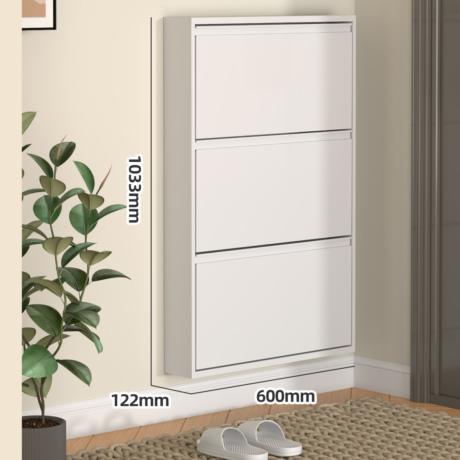 Meuble à trois tiroirs blanc muet de 12 cm de profondeur et 600 mm de largeur