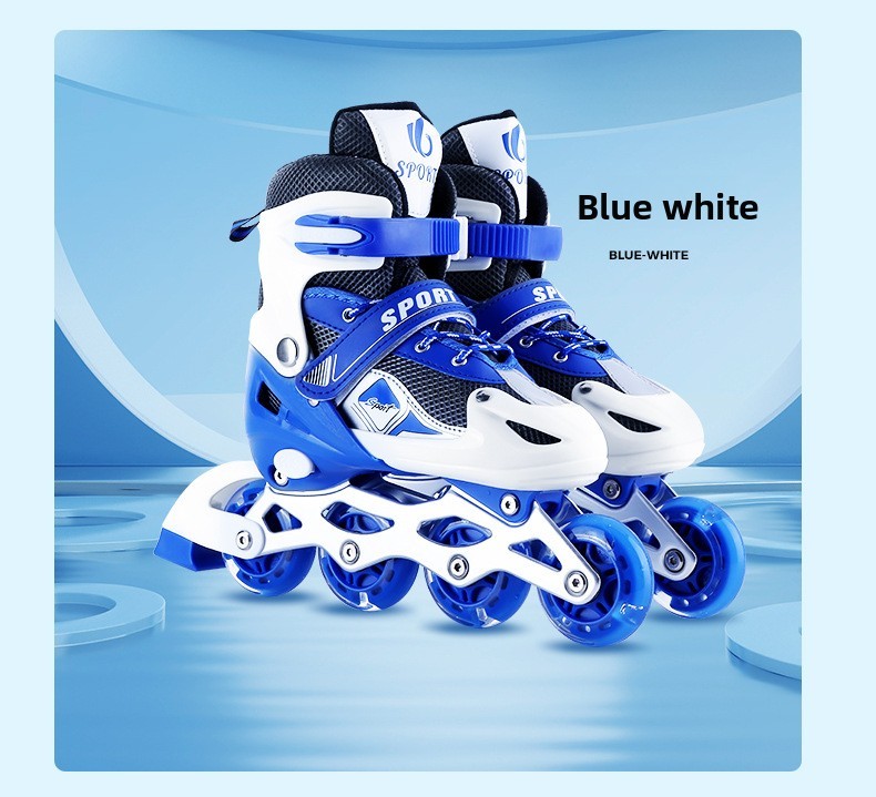 Un par de zapatillas azul y blanco, totalmente luminosas.
