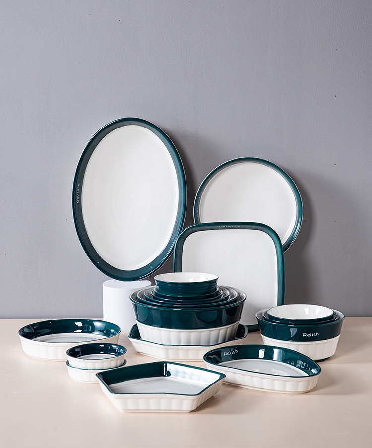 Nordic Ceramic Dinnerware Set with Dark Green Edge,pentagon plate special-shaped dinner set tableware set,plate bowl bakeware