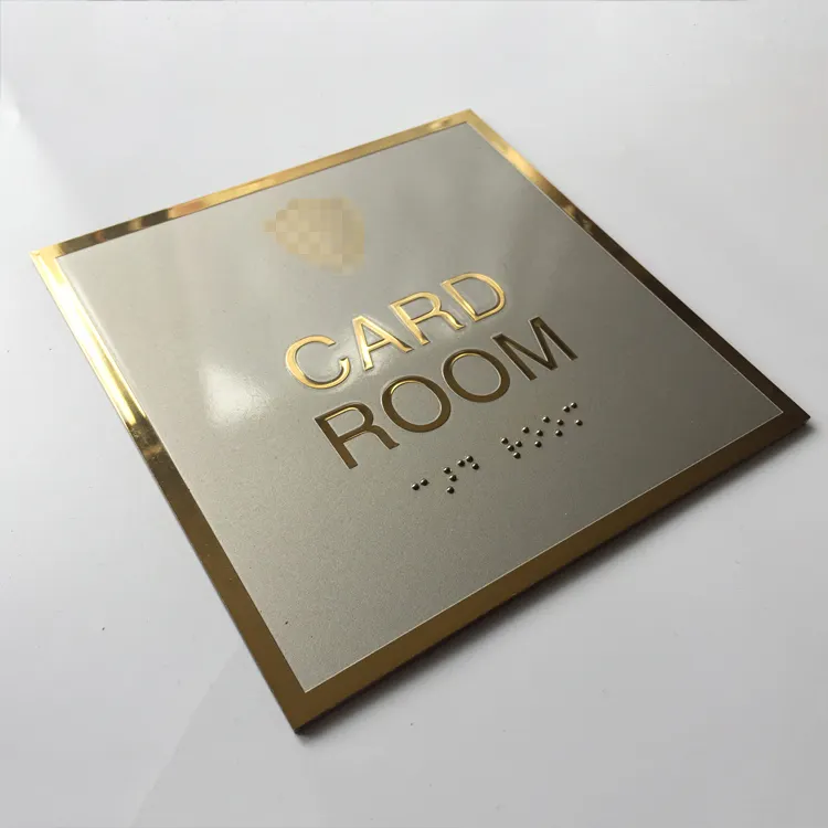 Espejo de alta calidad de grabado, Placa dorada de acero inoxidable, letrero con tarjeta de braille