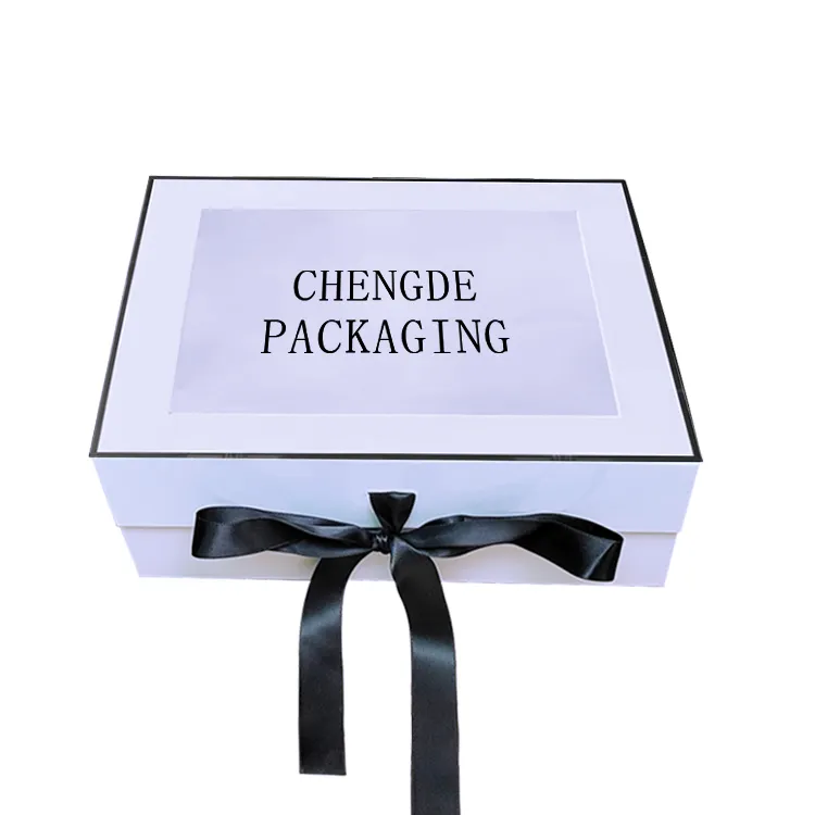 Logo personalizzato chiusura nastro di lusso pieghevole in cartone rigido imballaggio magnetico pieghevole scatola regalo con finestra
