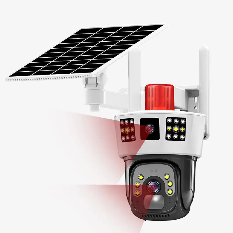 Doppia lente 4MP SIM Card solare alimentato sistema di telecamere a circuito chiuso televisione PTZ telecamera di sorveglianza di rete per uso esterno