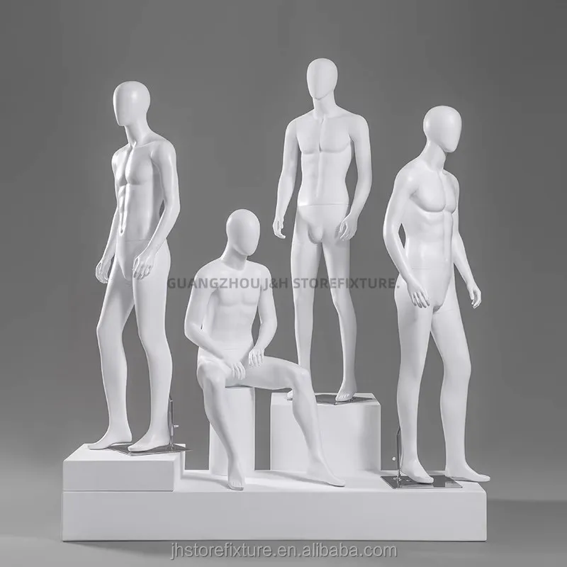 Modelo sentado maniquí de pie, modelo de hombre realista negro, cabeza de huevo blanca mate, traje masculino sin rostro, maniquí de fibra de vidrio de cuerpo completo