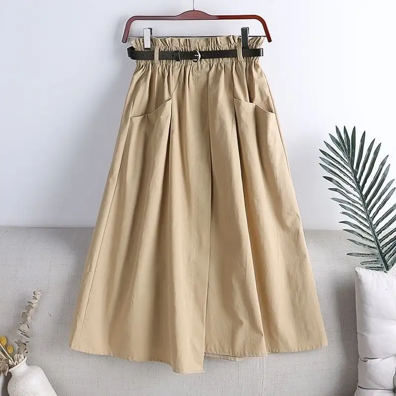 Spring new solid color all-match simple casual big pocket with belt slimming overalls skirt for women