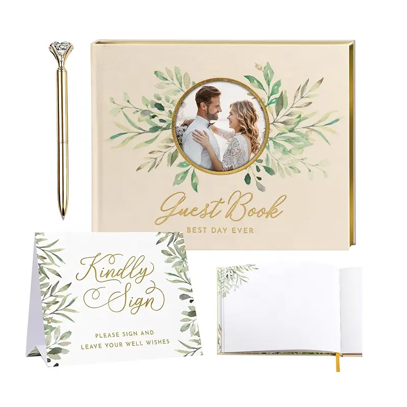 Livro de visitas personalizável em tecido de linho para casamento, livro de visitas em folha de ouro A4, fita de papel para assinatura, planejador, álbum de fotos, livro de capa dura