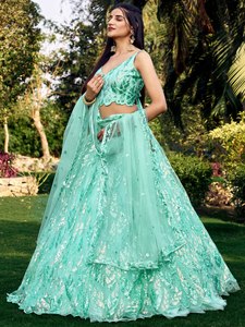 ゴージャスなターコイズブルーネットLehenga複雑な糸刺繍入り作品限定インドスタイルソフト素材 - Product Image 4