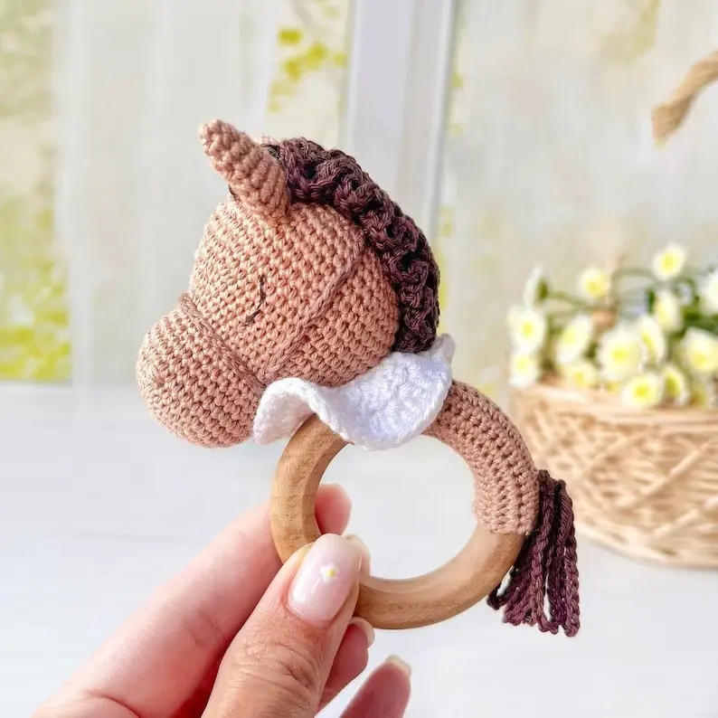 Chocalho Do Bebê Fio De Crochê Amigurumi Animais Chocalho De Malha Mordedor Conjunto De Dentição De Malha Brinquedo De Cavalo De Malha