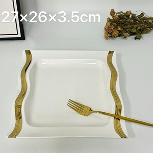 法国波浪图案长方形和方形白色金色陶瓷餐盘餐具套装 - Product Image 3
