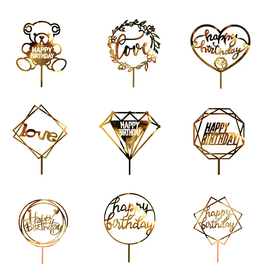 Inserto per Cupcake in acrilico con specchio a doppia faccia personalizzato lettere dorate Love Happy Birthday Wedding Party Cake Card Cake Topper