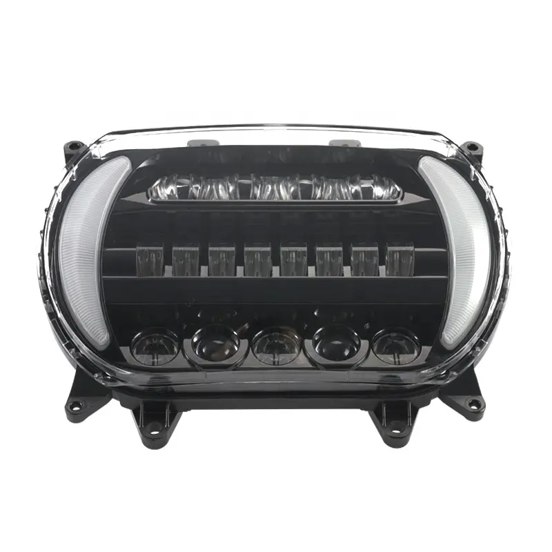 Faro frontal LED negro Moto de alto brillo con haz alto/bajo para Harley 14 + Road Glide