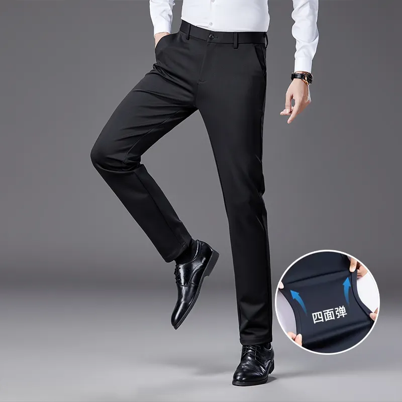 Pantalones ajustados de negocios para hombre, ropa informal de Color sólido largo, pantalones de traje formales, pantalones de traje rectos elásticos