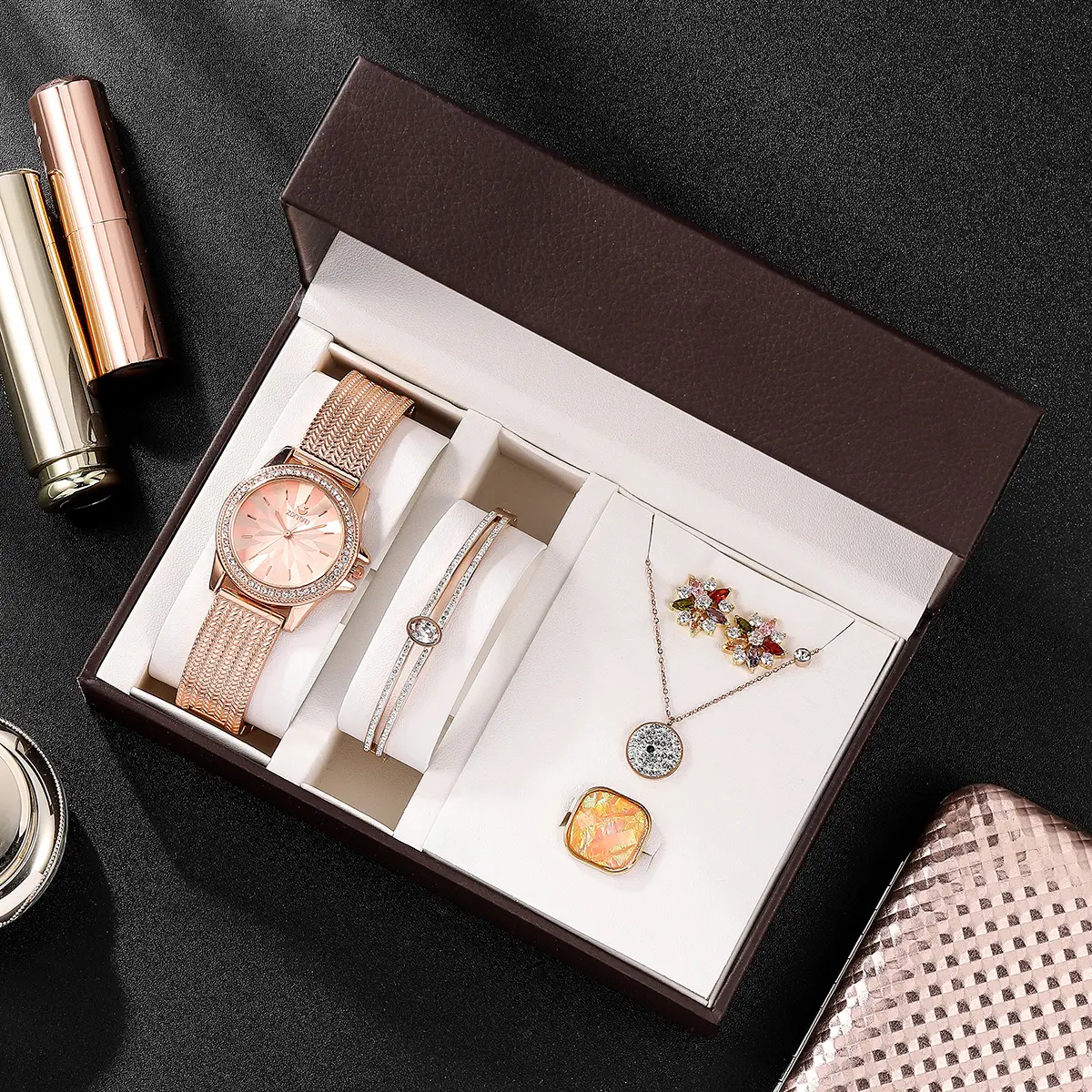 Luxury Brand Quartz Watches Ladies Women Fashion Bangle Necklace Ring earring Wristwatches Wrist Watch Set Jewelry Clock