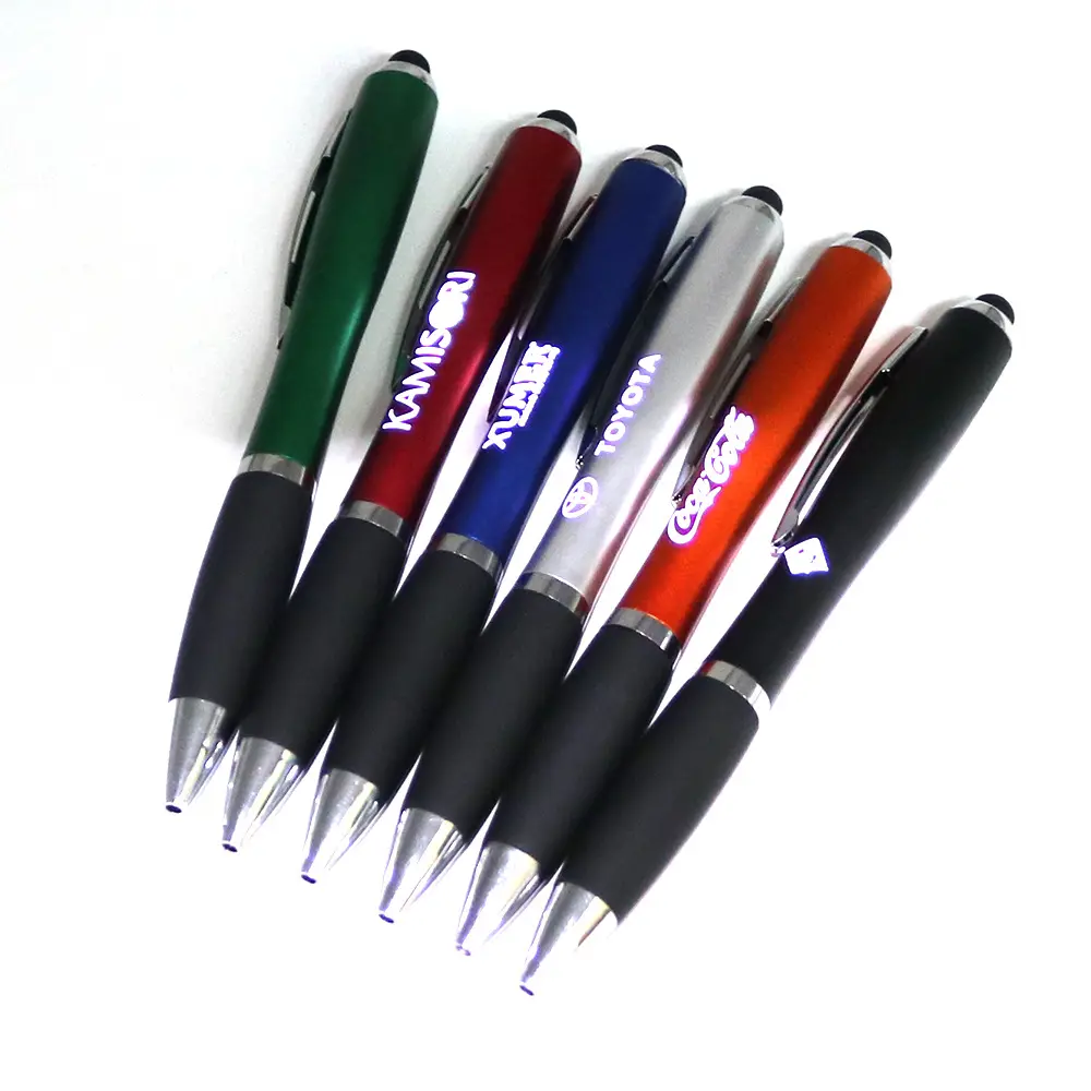 Cancelleria promozionale Logo personalizzato stilo Led illumina penne carine penne stilo penna a sfera universale per studenti d'affari
