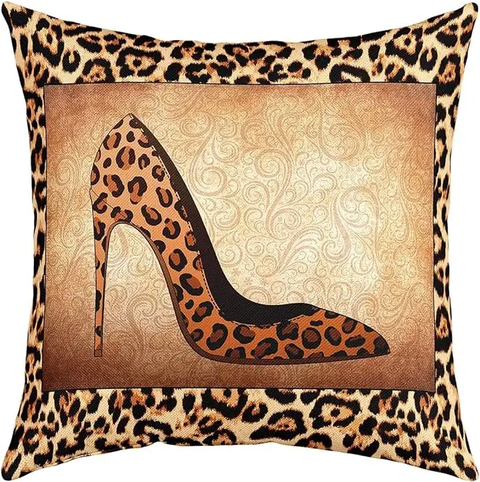 Leopard Print Pillow Cover Wild Animal Skin High Heel Pattern Cushion Cover for Girls Women Teens African Creature Modern Style