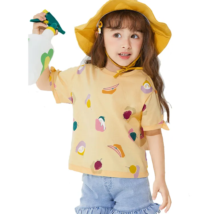 Abbigliamento personalizzato per bambini estate giallo bianco o collo manica corta cotone organico stampa cartone animato bambini neonate t-shirt